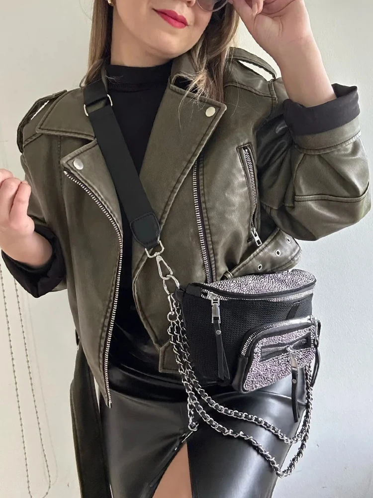 Ailegogo ヴィンテージ女性ルーズ長袖 Pu フェイクレザーショートジャケットベルトストリート女性レトロモトバイカーコート生き抜く
