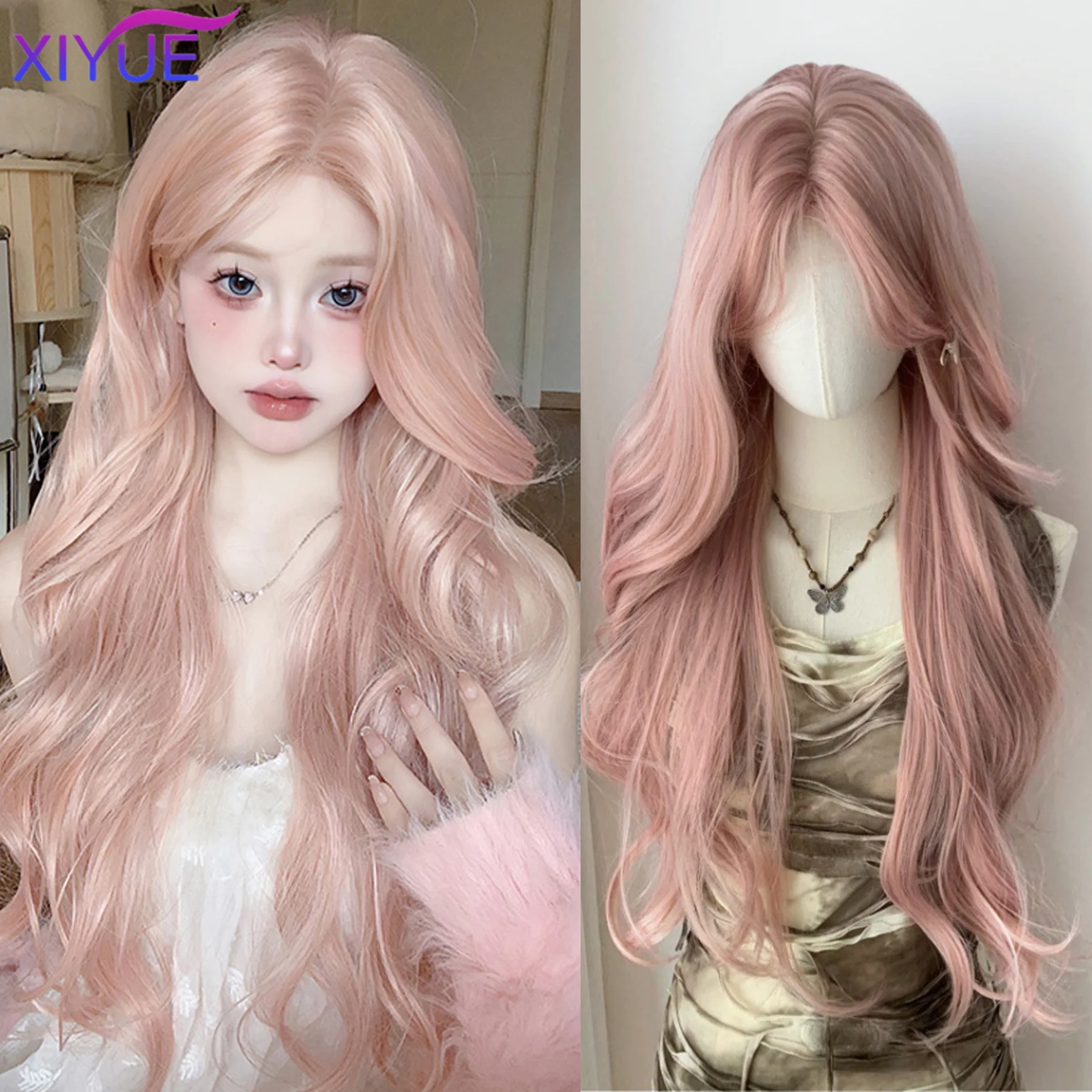 XIYUE  Light Pink Synthetic Hair Wigs Long Wavy Natural Hair Wigs with Bangs for Women Cosplay Lolita Wig Heat Resistant
