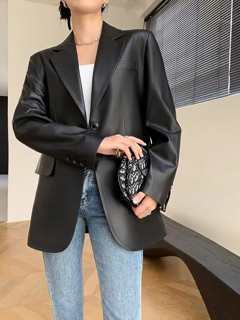 2025 herbst frauen Übergroße Echt Leder Jacke Weibliche 100% Schaffell Retro Braun Breite Schulter Anzug Mantel Streetwear Blazer