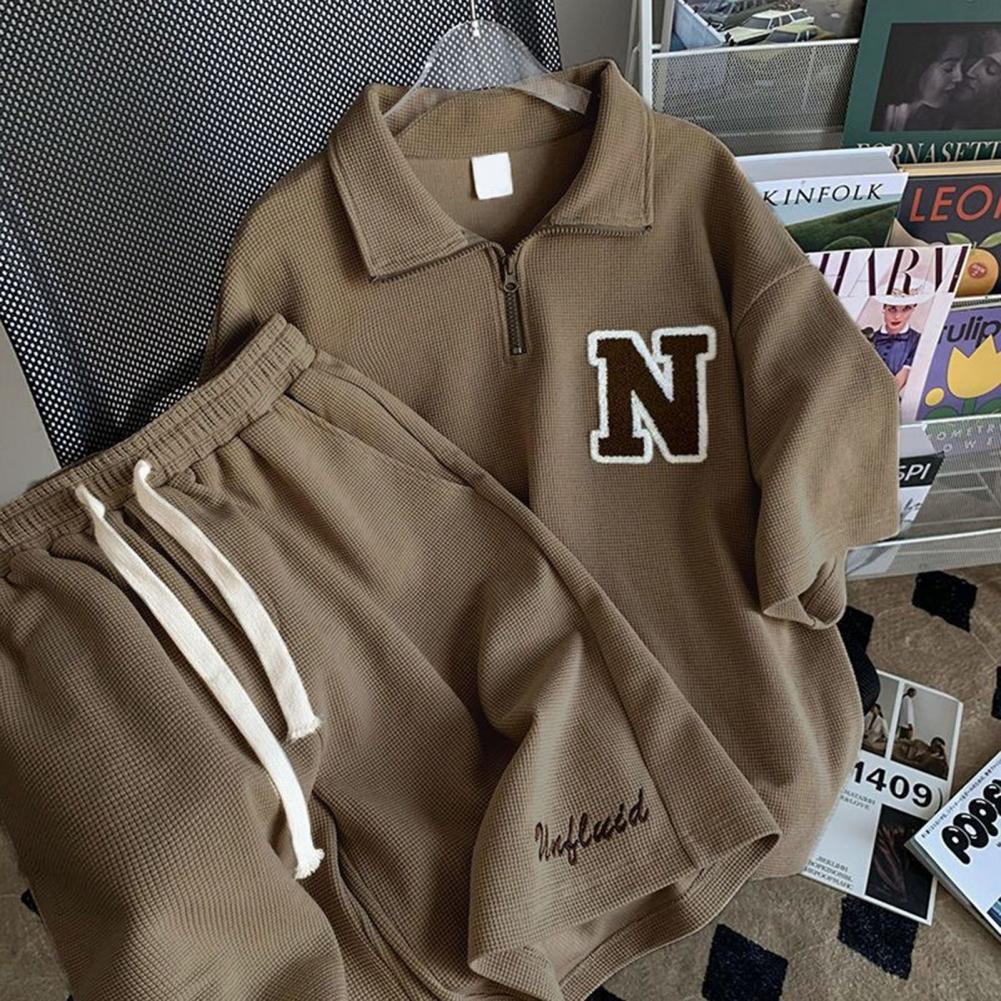 วาฟเฟิลชุดกีฬา Unisex ฤดูร้อนผู้ชายหลวมแขนสั้นเสื้อยืดกางเกงขาสั้น Jogger ชุด 2 ชิ้นชุดพิมพ์ชุดลําลอง