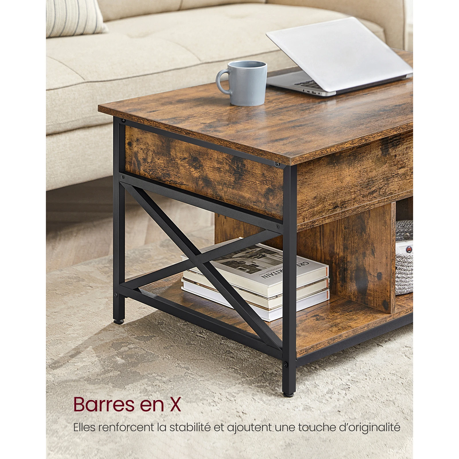 VASAGLE Table Basse, Table de Salon avec Plateau Relevable, avec Rangement Ouvert et Compartiment Caché, Barres en Forme de X, 60 x 100 x (48-62) cm