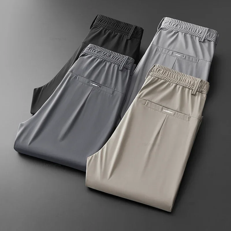 Ultra-thin Elastic Men's Casual กางเกงฤดูร้อน Quick-drying ICE Silk Slim ตรงธุรกิจกางเกงสีทึบสีดําสีเทา