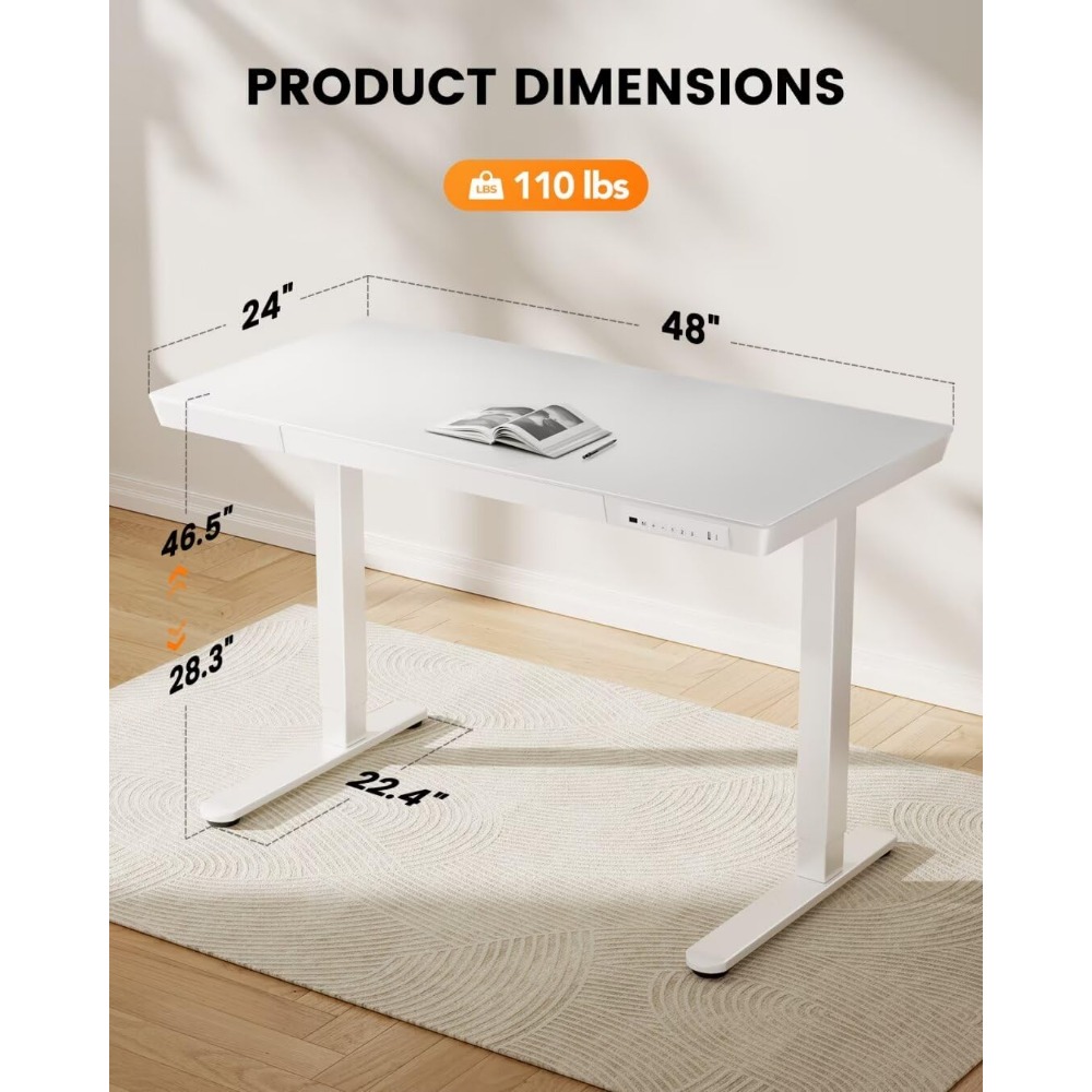 Standing Desk with Drawer, Glass Top One Piece, 48x24 inch Height Adjustable Desk, Electric Standing Desk
