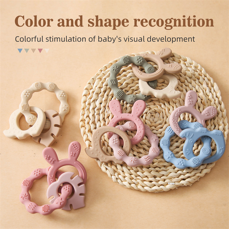 Anillo mordedor de silicona para bebé, sonajeros sin BPA, pulsera de calidad alimentaria, accesorios para bebé recién nacido, juguetes de dentición de silicona de dibujos animados, 1 Uds.