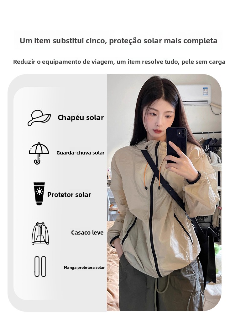 Jaqueta Fena Leve de Verão, Modelo Solto, Corta-Vento, Proteção Solar, Fina, Nova Coleção 2025, Branca, Fibra de Nylon