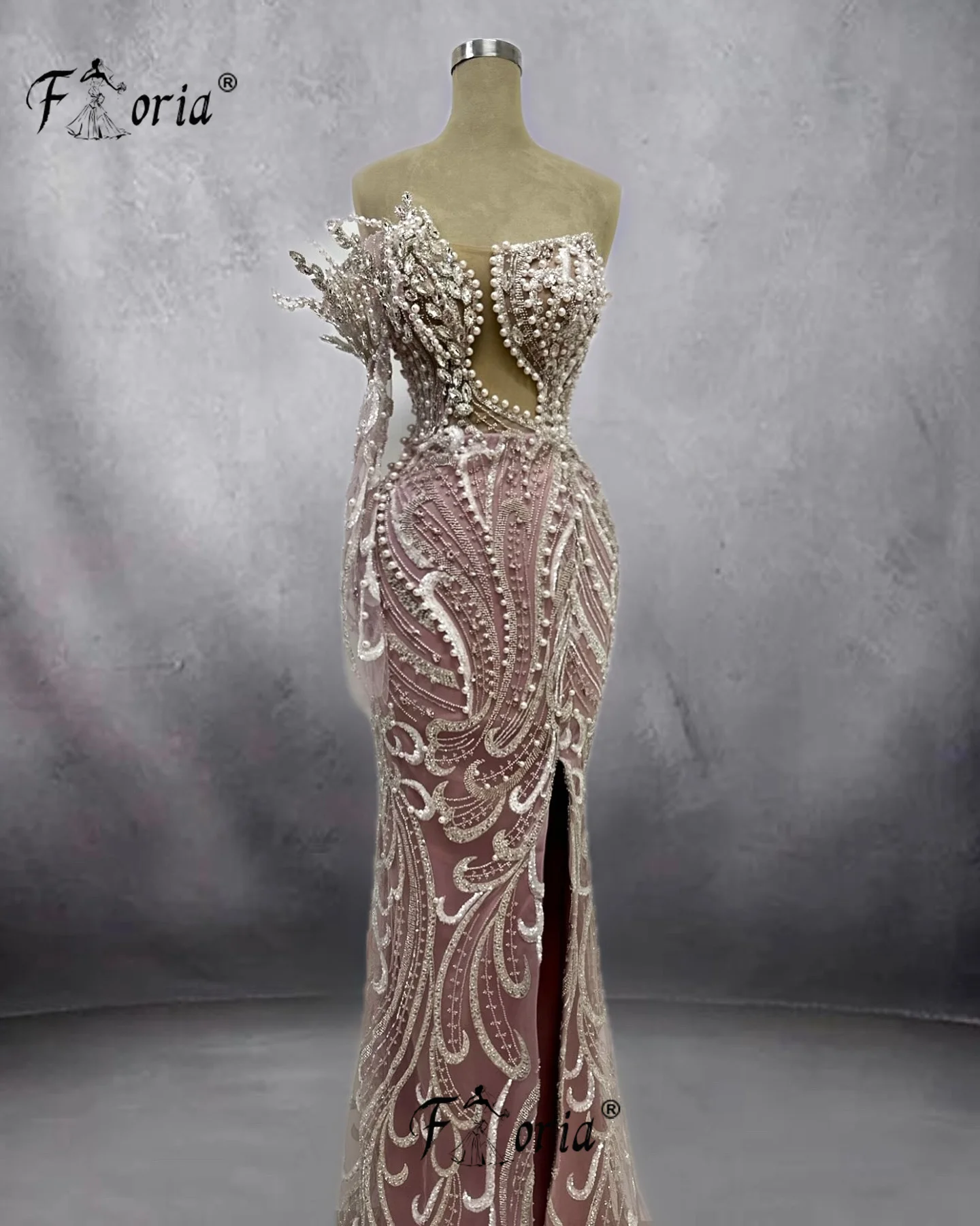 Angepasst Wunderschöne Dubai Perlen Meerjungfrau Abendkleider Perlen Kristalle 3D Spitze Rosa Arabisch Party Formale Kleid Robe De Soiree