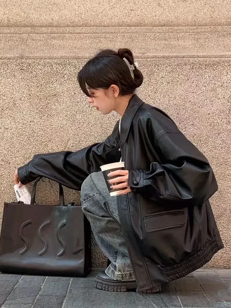 Jaqueta de couro pu vintage feminina, roupa técnica de rua alta, casacos de motociclista de grandes dimensões, bf punk solto, casual, cortado