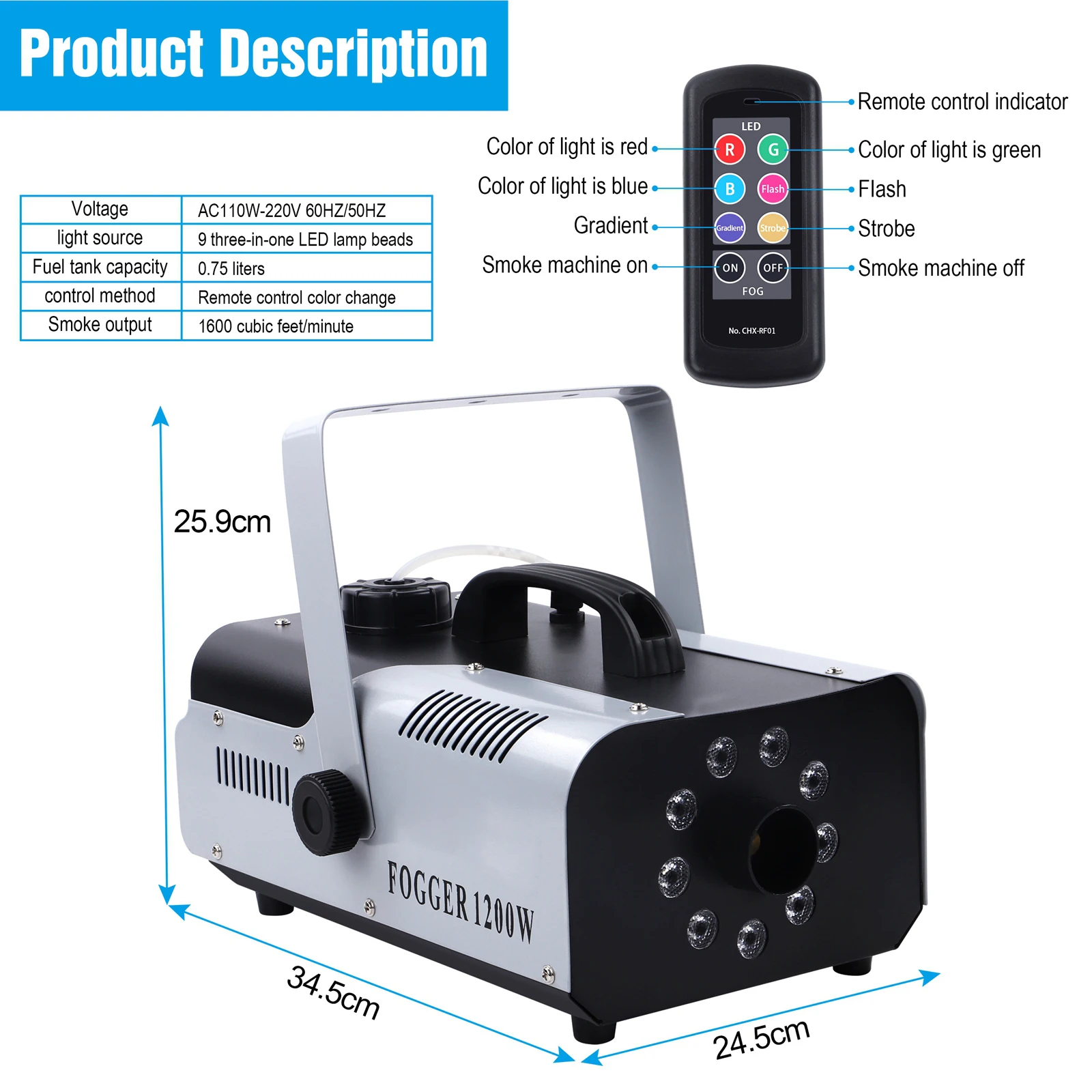 Fieryzeal 1200W 9 LEDs Smoke Machine RGB Fog Ejector Stage Effect Fogger Spray Equipment Fog Machine