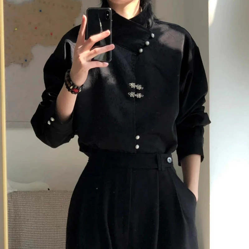 Style National Style Satin Irregular Dark Pattern Stand Collar Trendy Retro Metal Plate Button Long-sleeved Shirt for Men Women