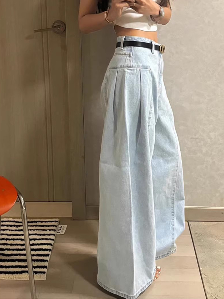 Spring New Chic High Waist Wide Leg Denim Jeans Women's Straight Leg Long Pants Waed Design Slimming Effect Blue Jeans
