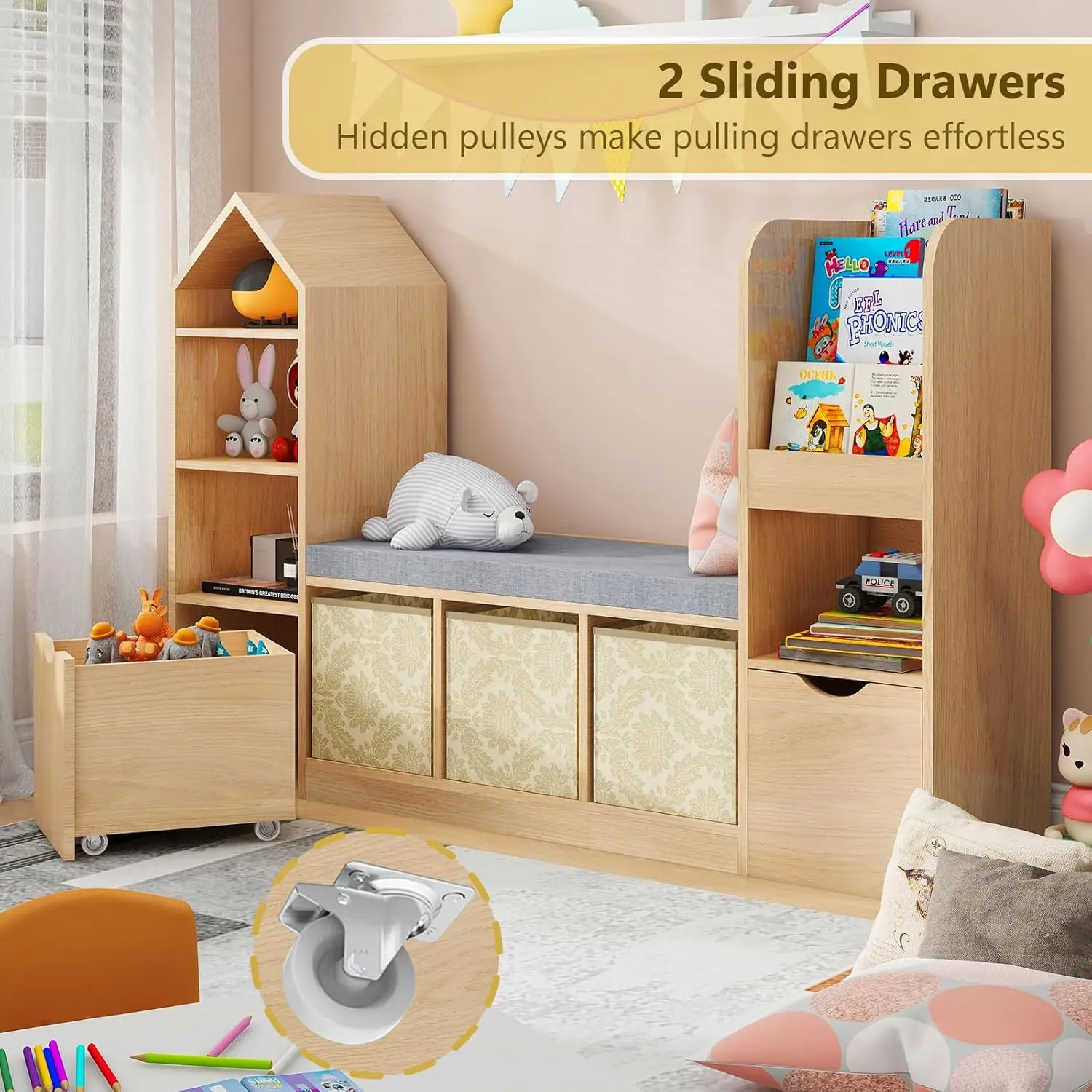 Kids Bookcase and Bookshelf with Reading Nook, Oak Bookcase with 7 Storage Cubbies 2 Movable Drawers, Bookcase with Seat