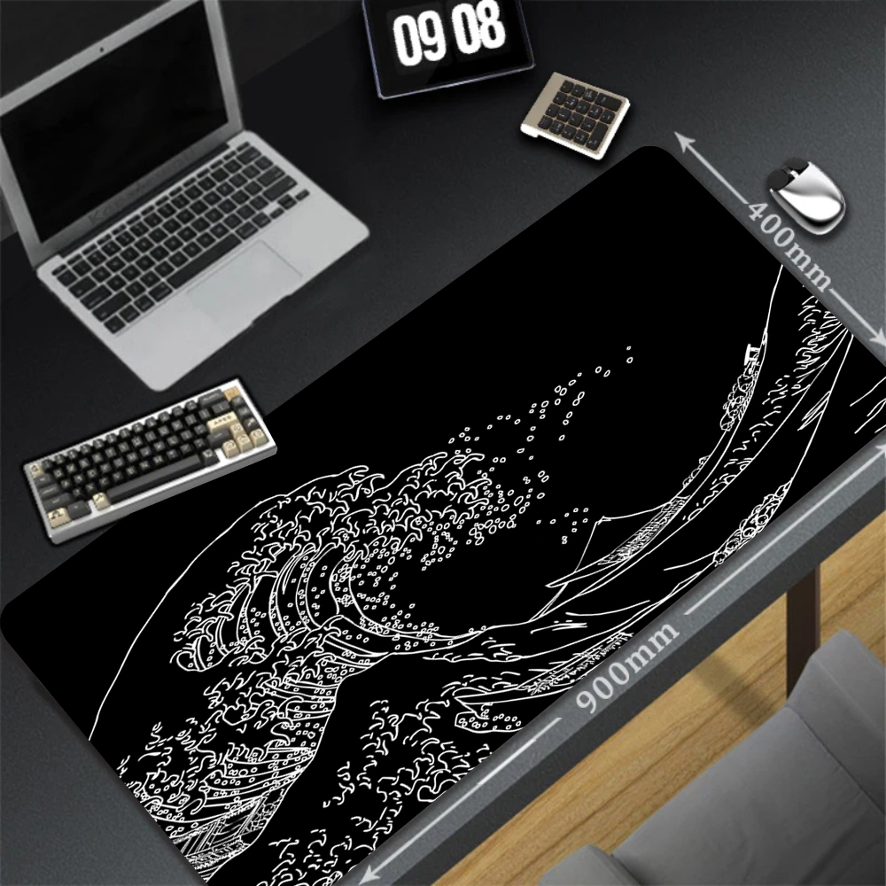 Tapis de clavier mécanique XXL, antidérapant, en caoutchouc naturel, pour Table, Art, pour PC de jeu, noir et blanc, grande vague, pour bureau