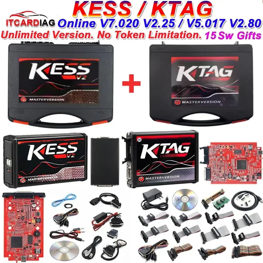 Онлайн EU Red Kess V2 V5.017 Онлайн 2.80 KTAG 7.020 2.25 с фильтром Murata OBD 2 Автомобильный грузовик ЭБУ Чип-тюнинг Неограниченный ремонтный комплект