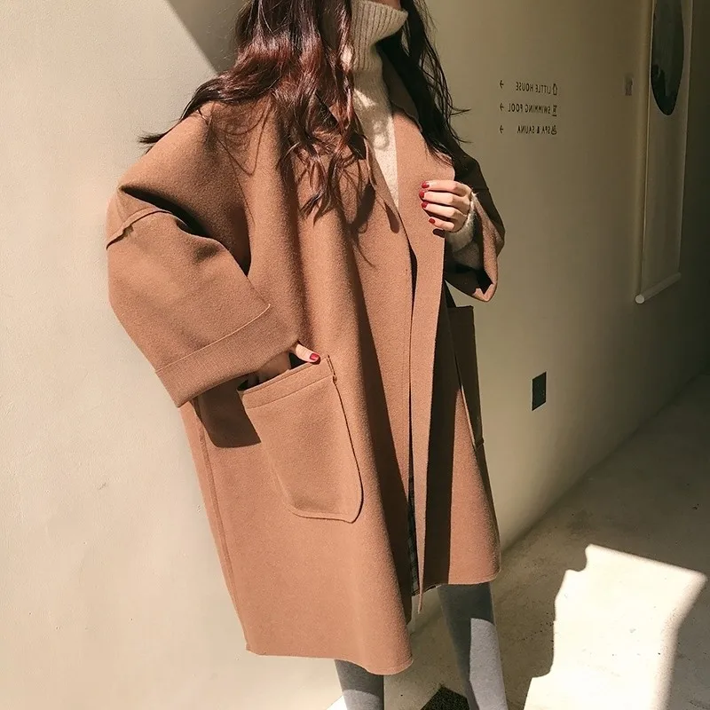 Elegant Woolen Trench Coat ฤดูหนาวผู้หญิง Vintage Windbreakers แจ็คเก็ตกลางความยาวหลวม Turn-Down Collar Plus ขนาด 4XL เสื้อสเวตเตอร์ถัก