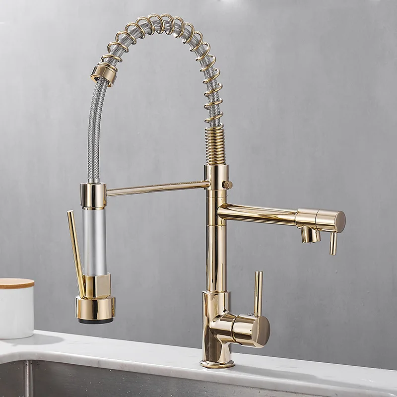 Grifos de fregadero de cocina de latón negro y dorado, doble salida, agua fría y caliente, grifo de lavabo, grifos mezcladores de resorte montados en cubierta