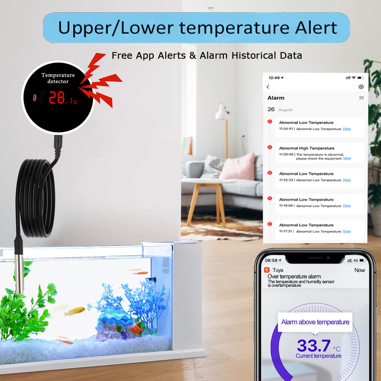 Tuya-sensor de temperatura y humedad con WiFi, sonda externa, Monitor remoto, alarma, termómetro interior, higrómetro, Detector, aplicación Smart Life