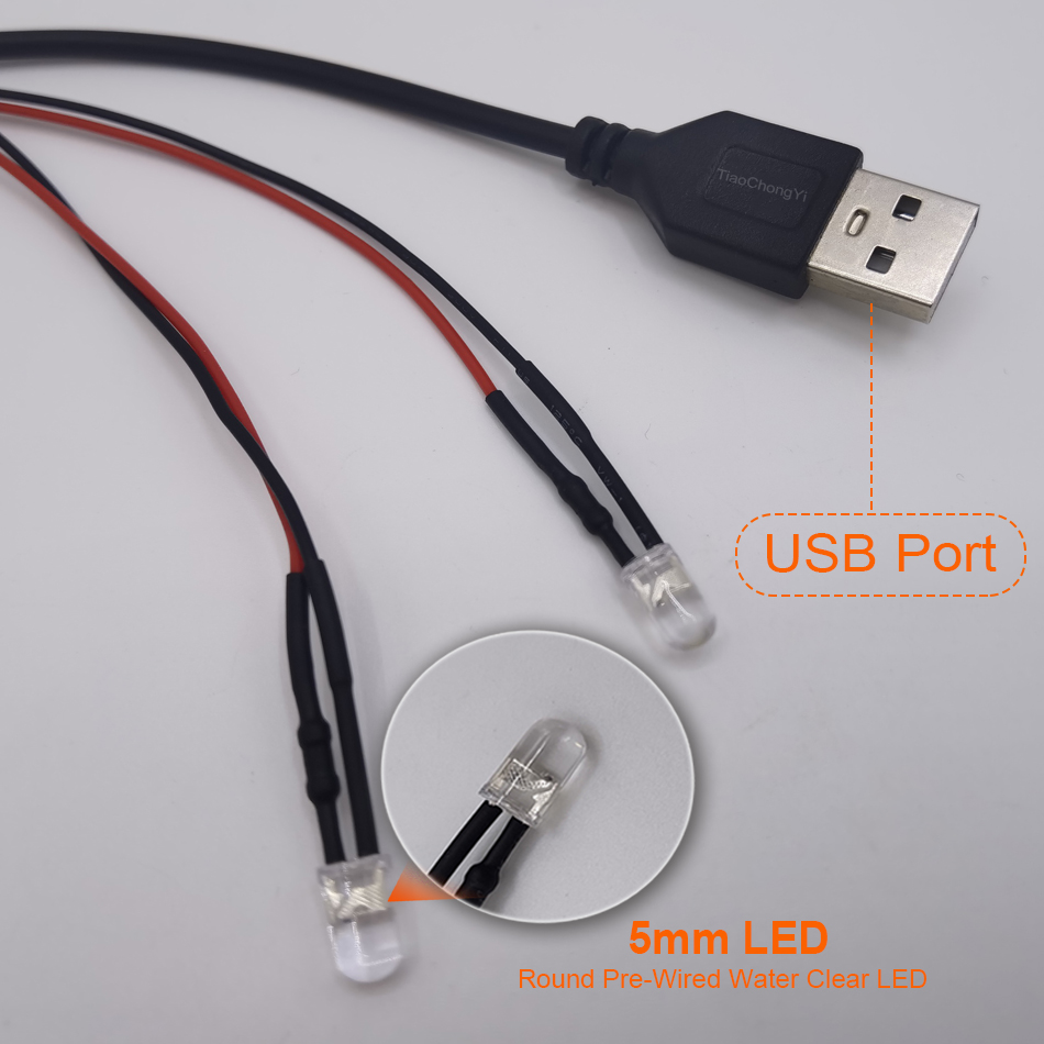 DC5V USB-Anschluss mit 5 mm vorverdrahtetem rundem LED-Modelllicht, LED-Leuchtdiode, Rot, Grün, Blau, für DIY-Nachtlicht, manuelles Licht