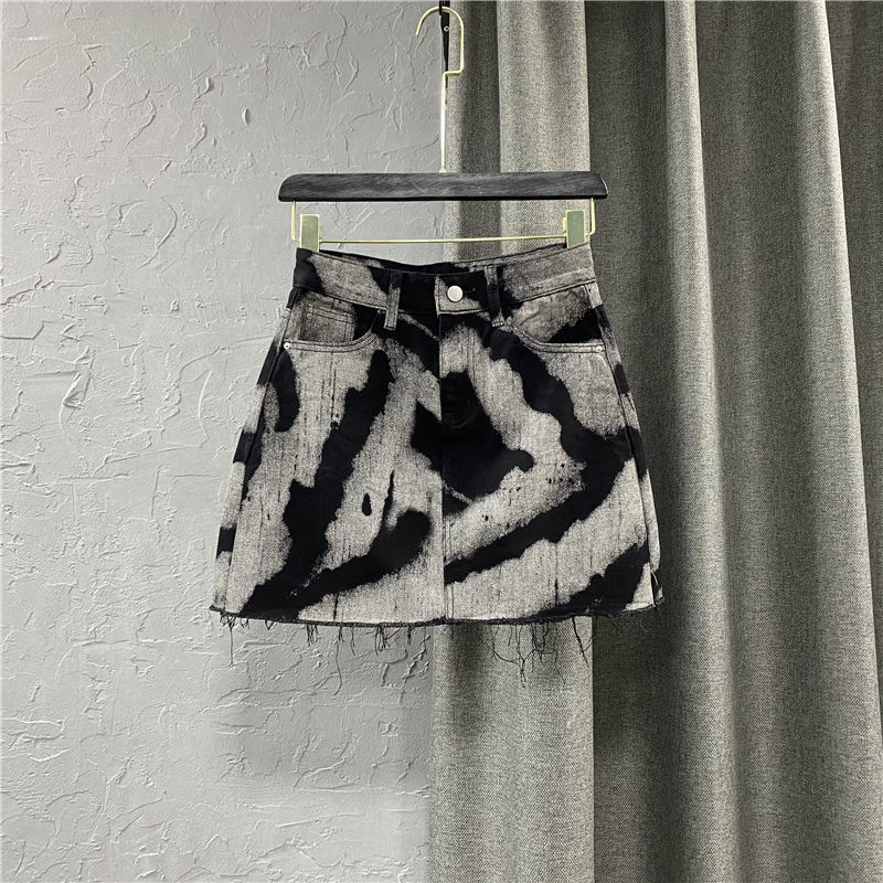Lente En Zomer Nieuwe Koreaanse Spice Girl Onregelmatige Tie Dye Hoge Taille Rechte A-lijn Denim Wrap Hip Korte