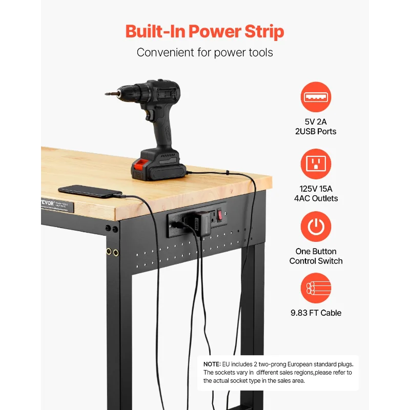 VEVOR 60-Inch Adjustable Workbench, 2000 lbs Load, Work Bench with Power Outlet, Wheels, and Pegboard, Heavy Duty Oak Wood