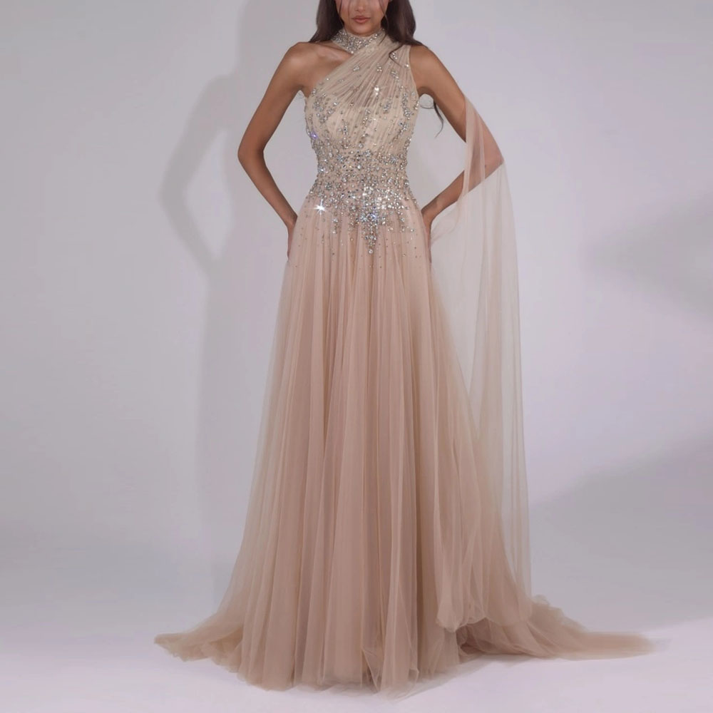 Maßgeschneiderte bescheidene, kristallfließende Abendkleider für Damen, einschultriges formelles Kleid in A-Linie mit Schal, Tüll, Hochzeitsgastkleid