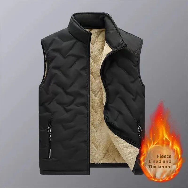 Men's Fce Lined Thiened Warm down Cotton Vest Autumn Winter Lamb Velvet oulder Pad Vest Coat Stand Fit Zipper Decor...