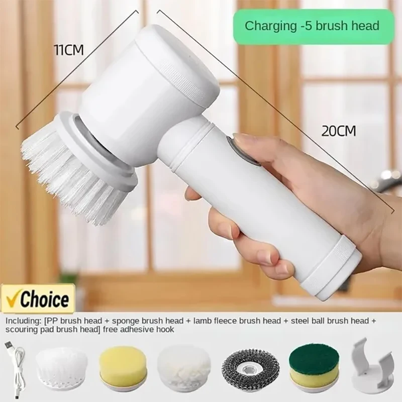 เครื่องขัดพื้นแบบหมุนไฟฟ้า, แปรงทําความสะอาดห้องน้ํา เครื่องขัดพื้นไฟฟ้าพร้อมหัวแปรงแบบถอดเปลี่ยนได้ 5 หัว, แปรงทําความสะอาดไฟฟ้า