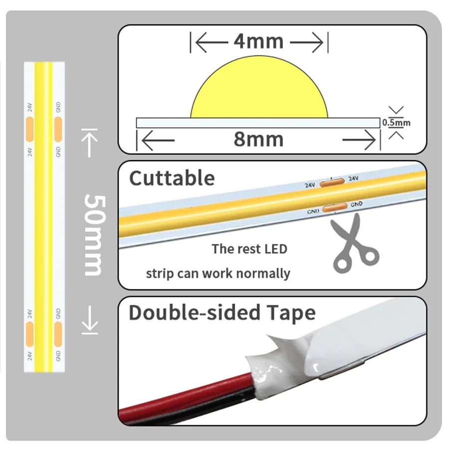 DC12V COB FOB Led Strip Light 320LEDs Flexible FCOB Led Tape Ribbon with DC Connector 1-10M Linear Bedroom Kitchen Cabinet Lamp