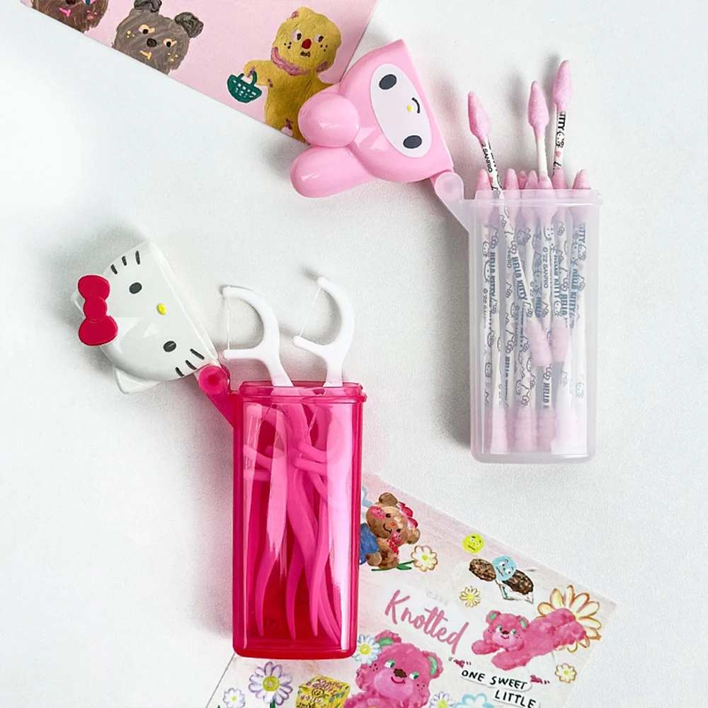 Hello Kitty Melody Storage Box Sanrio Cartoon Kt Cat Flip Cover Cotton Swabs Band Aids Dental Floss Organizer Boxs Girls Gifts