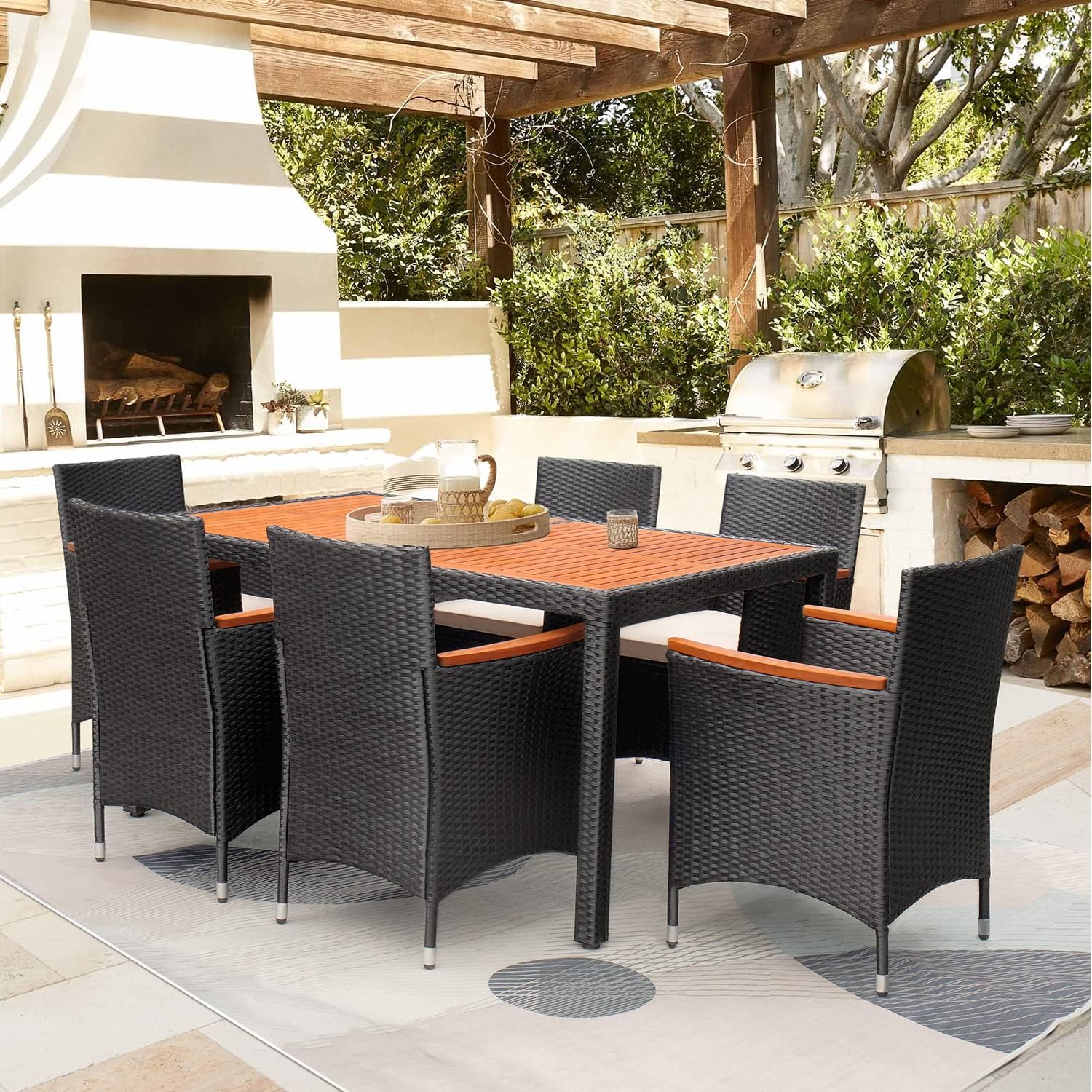 7 Piece Patio Dining Set Outdoor Acacia Wood Table and Chairs with Soft Cushions Wicker Patio Furniture for Deck,Backyard,Garden