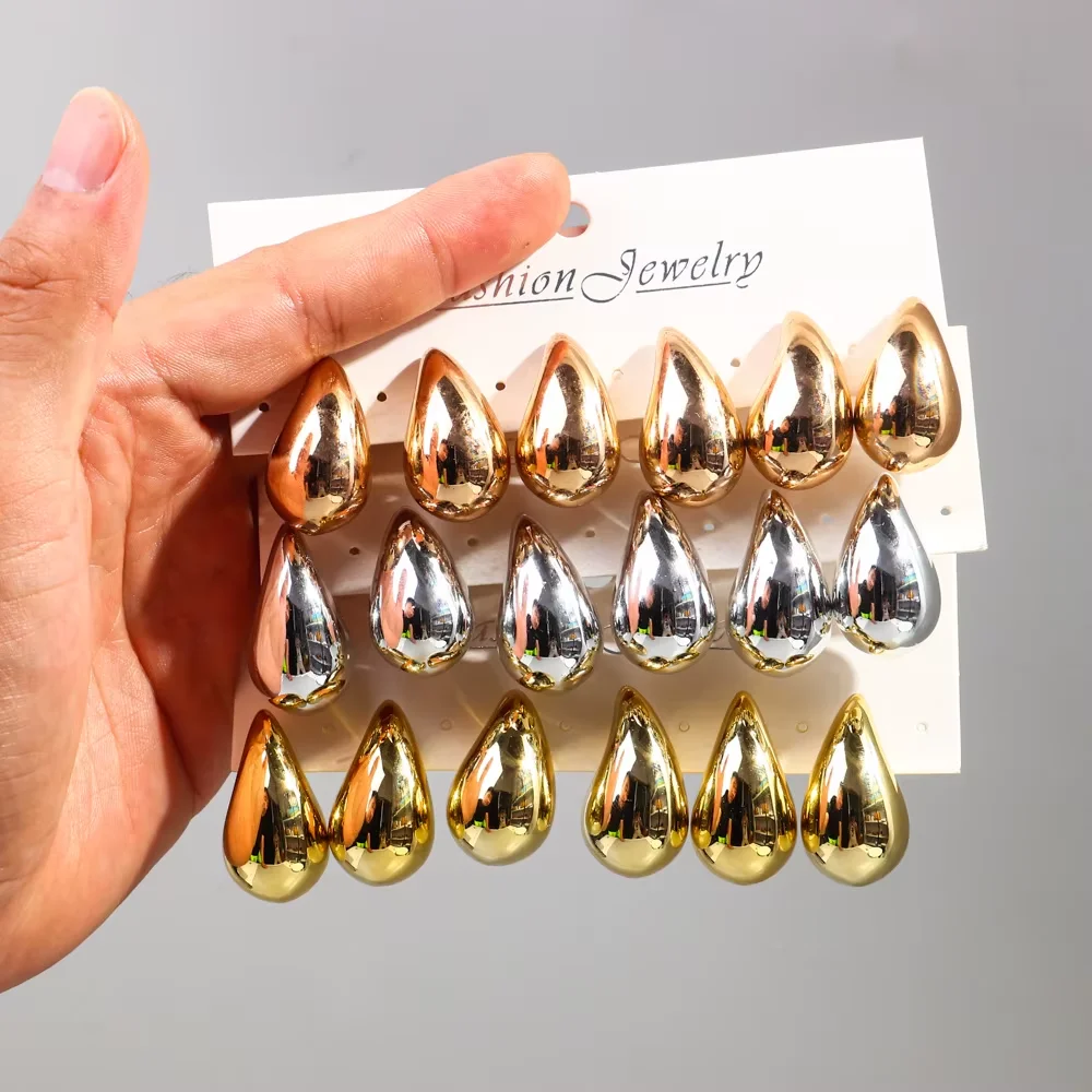 3 Paar/Set klobige Wassertropfen-Dupes-Creolen für Damen, glatter, mehrfarbiger Acryl-Tropfenohrring, leichter Schmuck