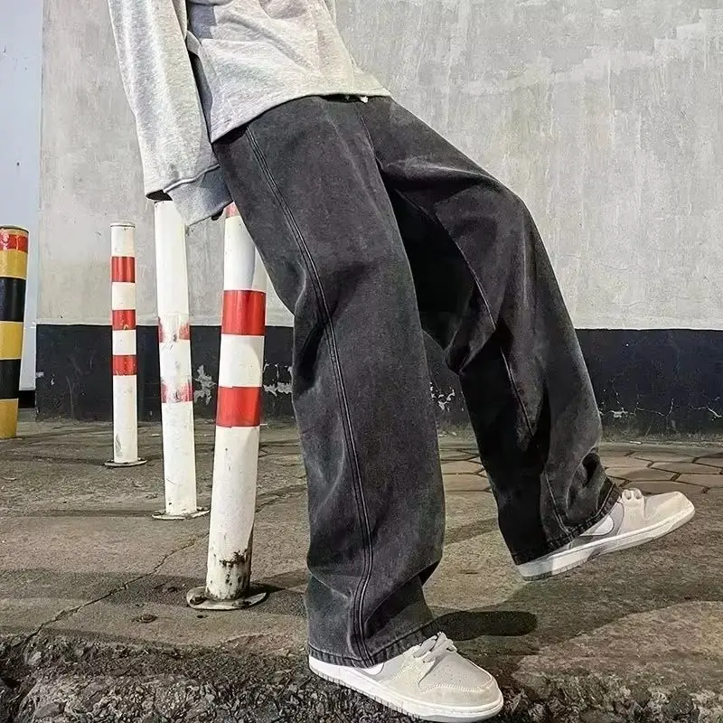 2025 nueva ropa de calle pantalones vaqueros sueltos hombres estilo coreano moda suelta recta pantalones de pierna ancha ropa de marca para hombres negro azul claro