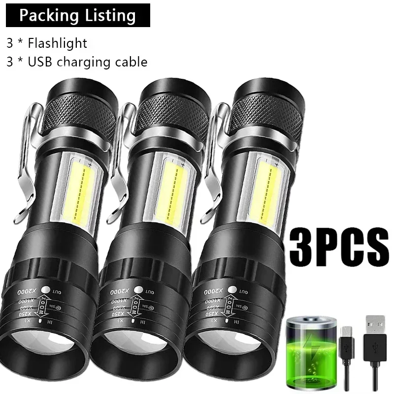 Linterna LED recargable portátil con Clip para bolígrafo, linterna impermeable con zoom y luz lateral, linterna de emergencia para acampar al aire libre