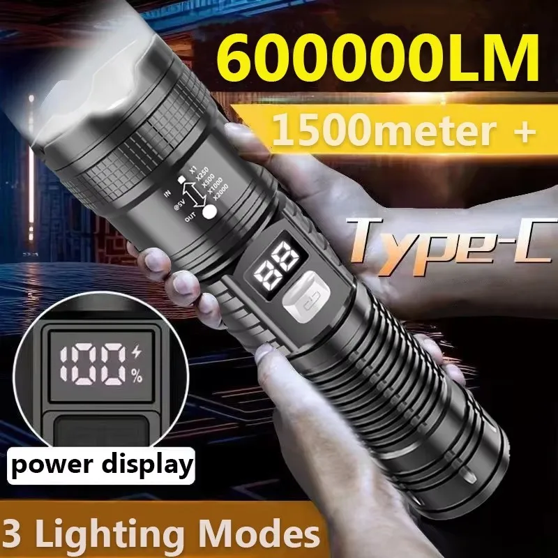 6000000 Linterna LED LM, linterna táctica militar recargable de alta potencia, linterna con Zoom telescópico, linterna para acampar al aire libre