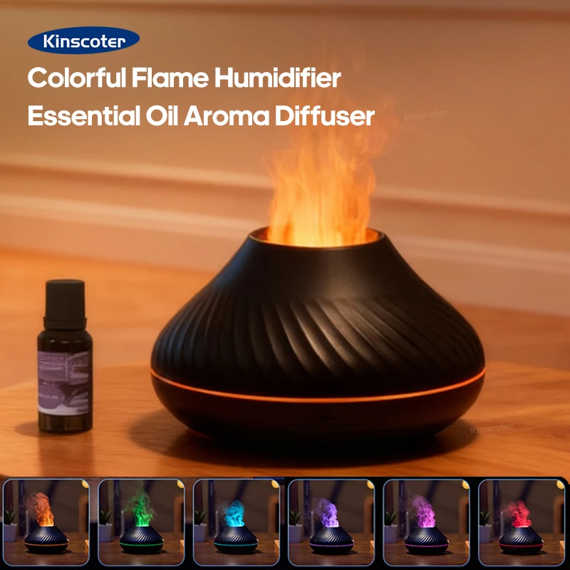 KINSCOTER Вулканический Арома Диффузор Эфирное Масло Лампа 130 мл USB Портативный Увлажнитель Воздуха с Цветным Пламенем Ночной Свет
