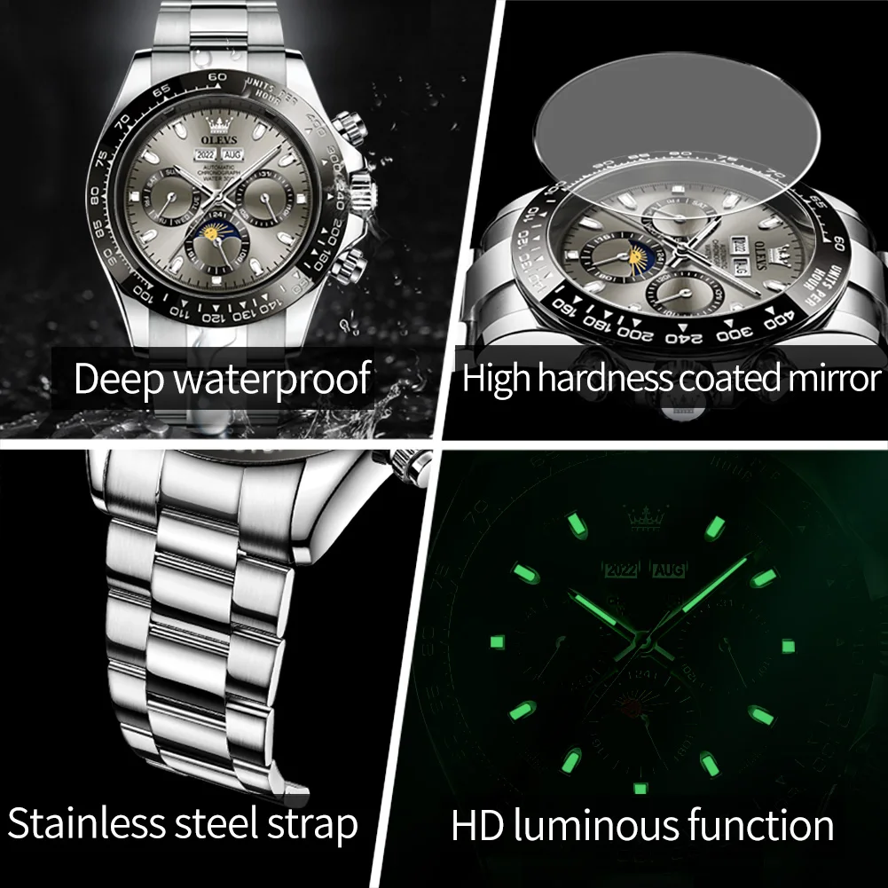 OLEVS 6654 Reloj mecánico automático para hombre, marca de lujo, acero inoxidable, resistente al agua, luminiscente, reloj de moda para hombre
