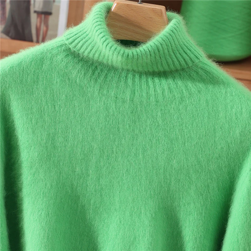 Jesienno-zimowy nowy sweter damski ze 100% kaszmiru norkowego, z wysokim kołnierzem, jednolity kolor, ocieplany pulower, wełniana dzianina, koszulka bazowa.