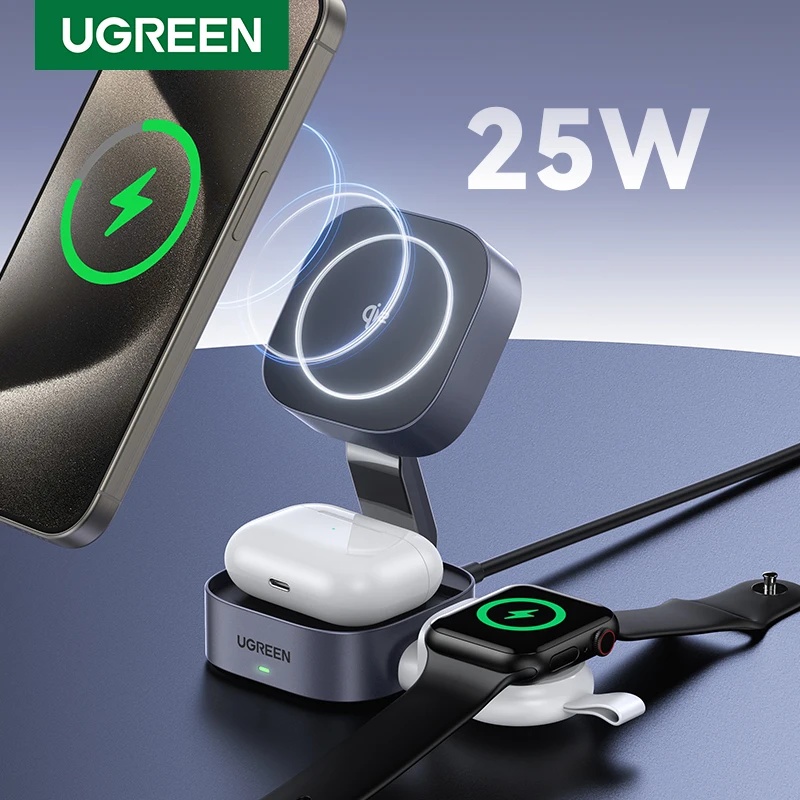 UGREEN Qi2 25W soporte de cargador inalámbrico magnético soporte de carga 2 en 1 para iPhone 15 16 Pro Max/AirPods para cargador rápido MagSafe