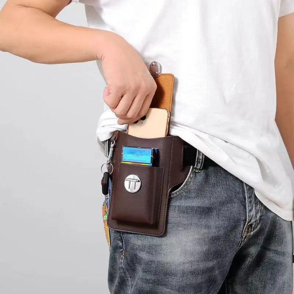 PU Men's Belt Leather Case High Quality Solid color Phone Waistpack Vintage Leather Bag