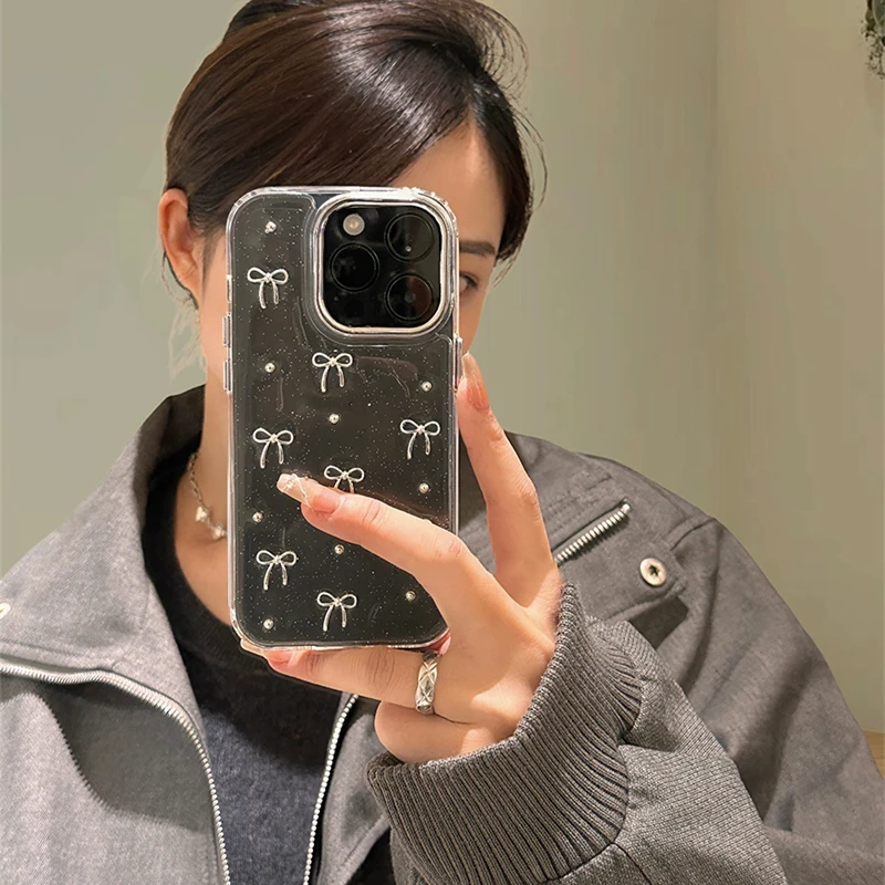 INS Corea brillo 3D cuentas de lazo plateado funda de teléfono para iPhone 16 15 14 13 12 11 Pro Max 7 8 Plus X XS carcasa epoxi chica cubierta transparente
