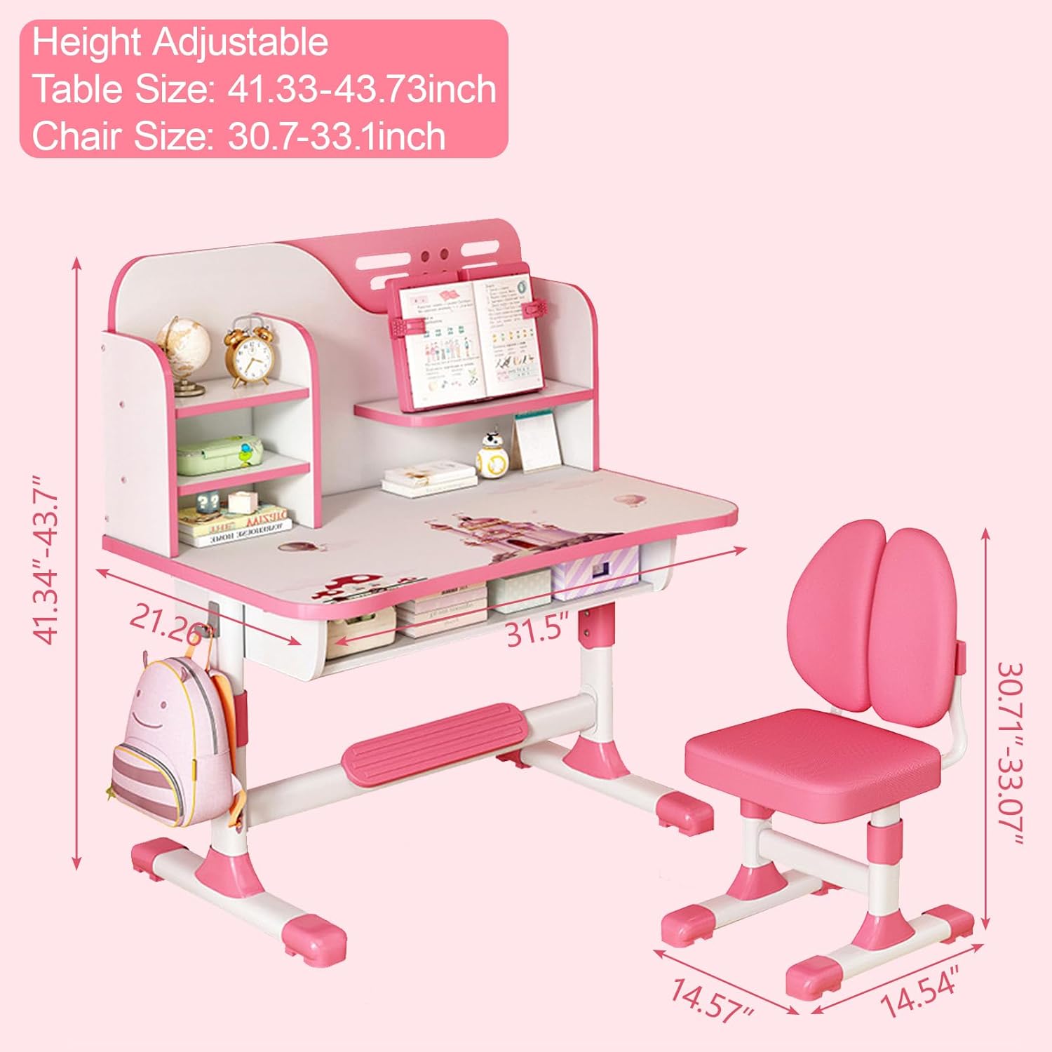 Kids Desk and Chair Set, Height Adjustable Table with Writing Board, Bookshelf, and Drawer, Pink