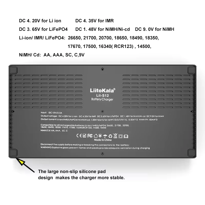 LiitoKala LiI-S12 slimme oplader 14 slots - CE-gecertificeerde universele oplader voor Li-ion/LiFePO4/Ni-MH/9V-batterijen 18650, 26650, AA