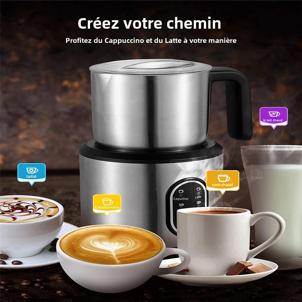 DEVISIB 4-en-1 Mousseur à Lait existent Électrique, Mousseur Magique Instantané, Pichet en Acier Inoxydable de 350ml, Lavable au Lave-Vaisselle, Chaud et Froid