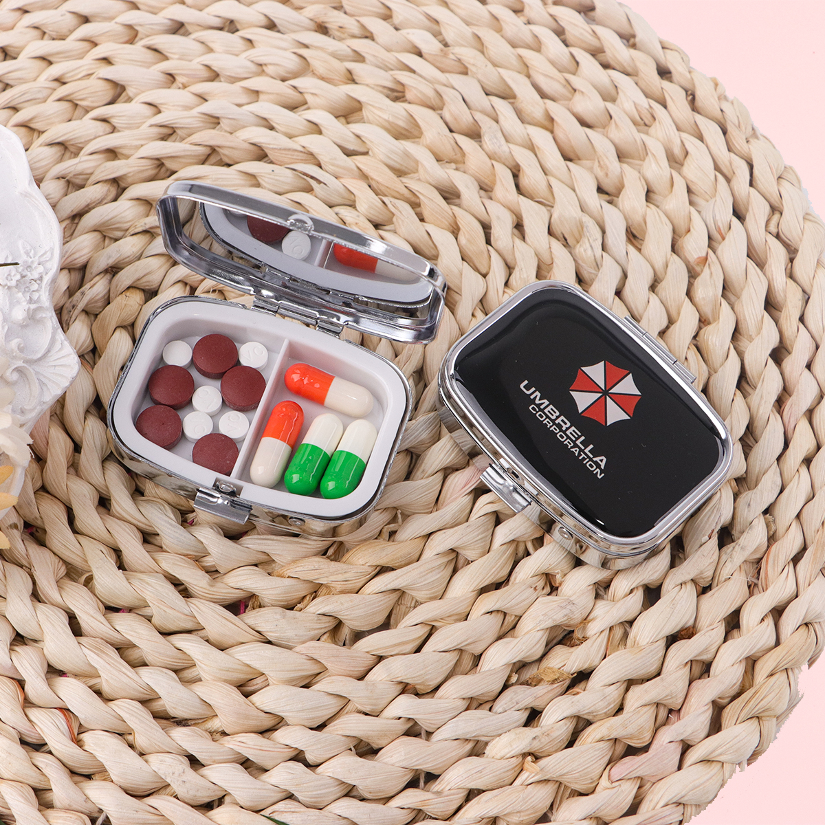 Movie Umbrella Pill Box Divided Metal Square Cartoon Anime Pill Box Travel Portable Medicine Case Small Pill Container Case Box