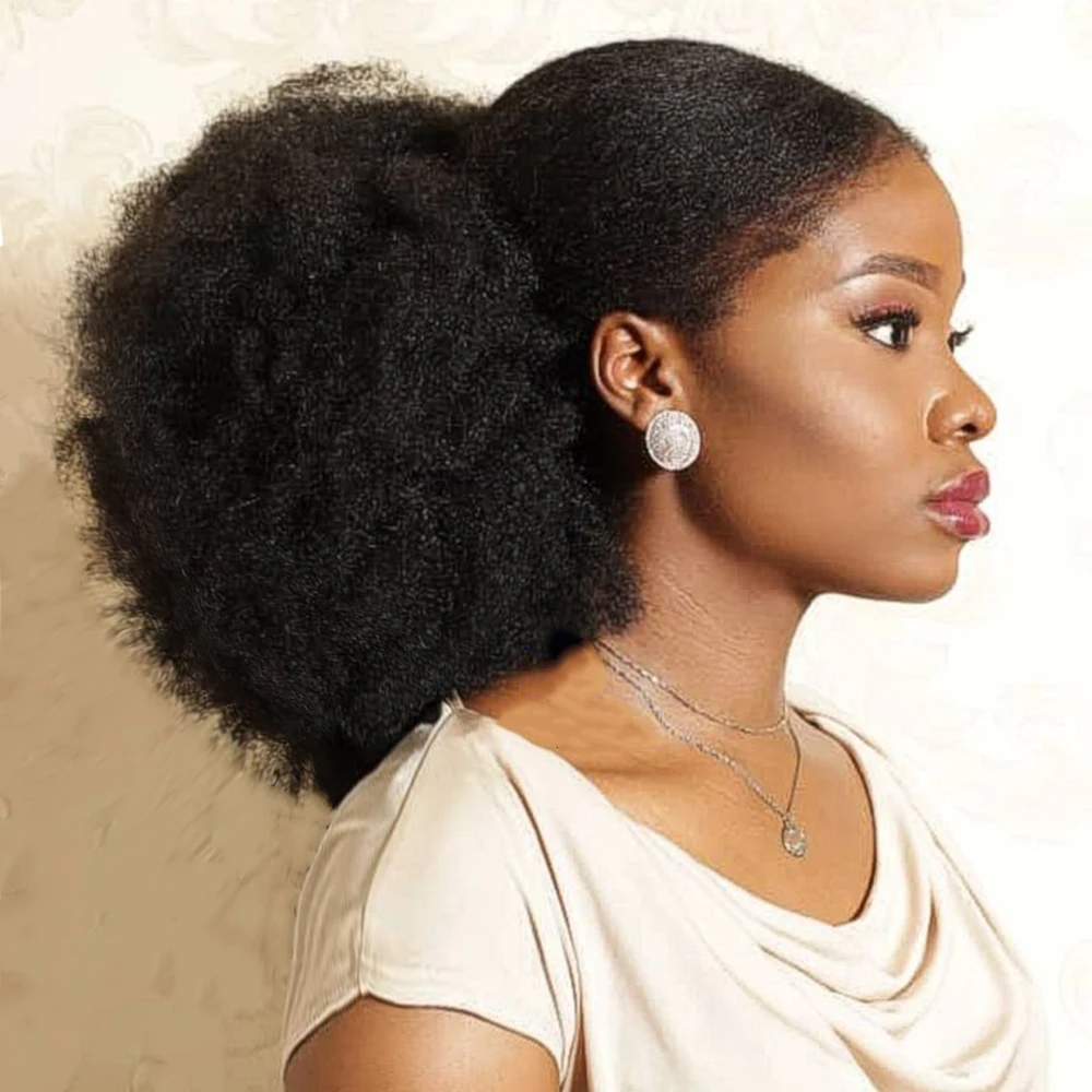 Grampo em extensões, cabelo humano real do rabo de cavalo do Bun do cabelo do Afro, cor encaracolado perverso macio, cordão, brasileiro, natural, 10 "-12"