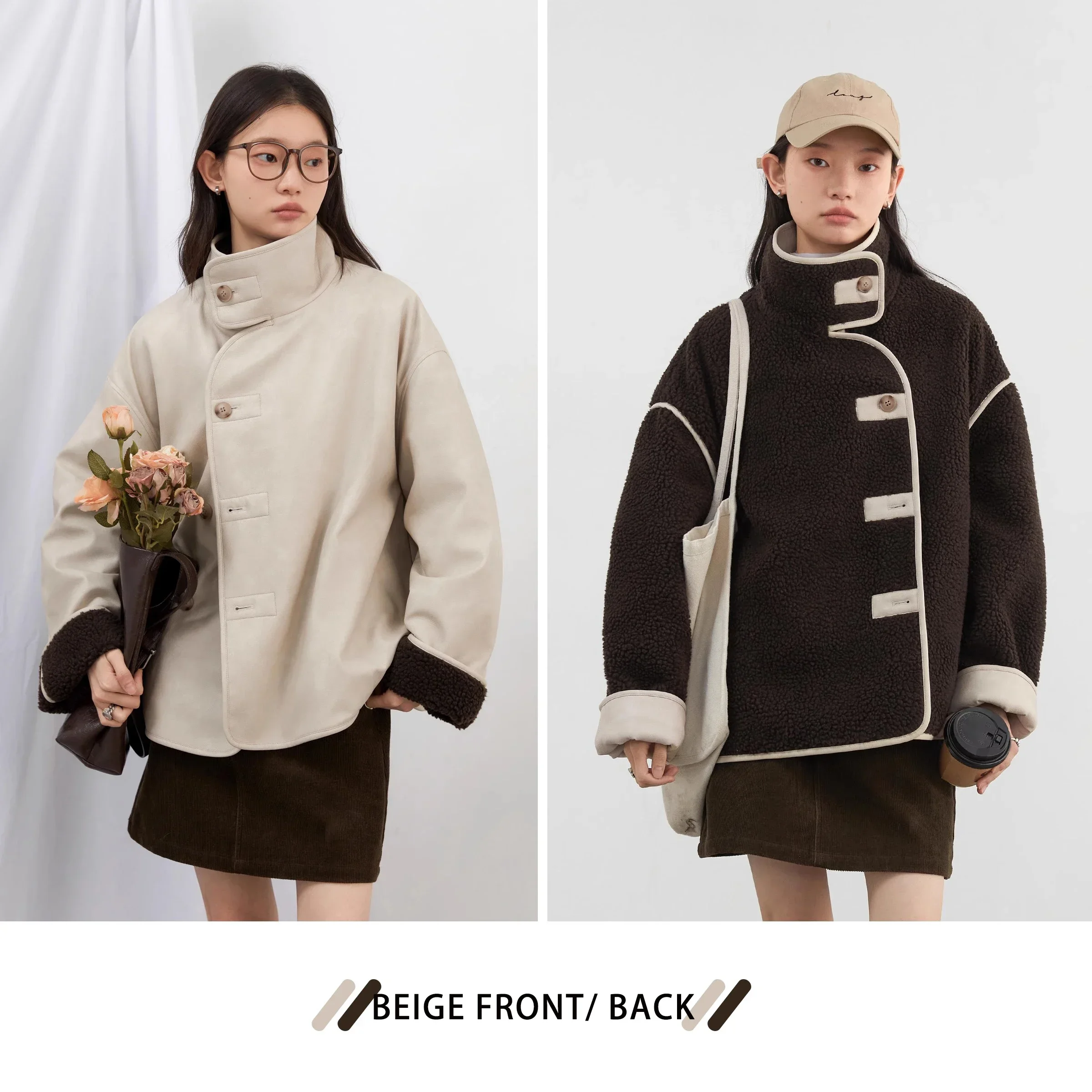 CHIC VEN Frauen Jacken Lose Beiläufige Reversible Nachahmung Lamm Weiblichen Mantel Kontrast Farbe Patchwork Mantel Herbst Winter 2024