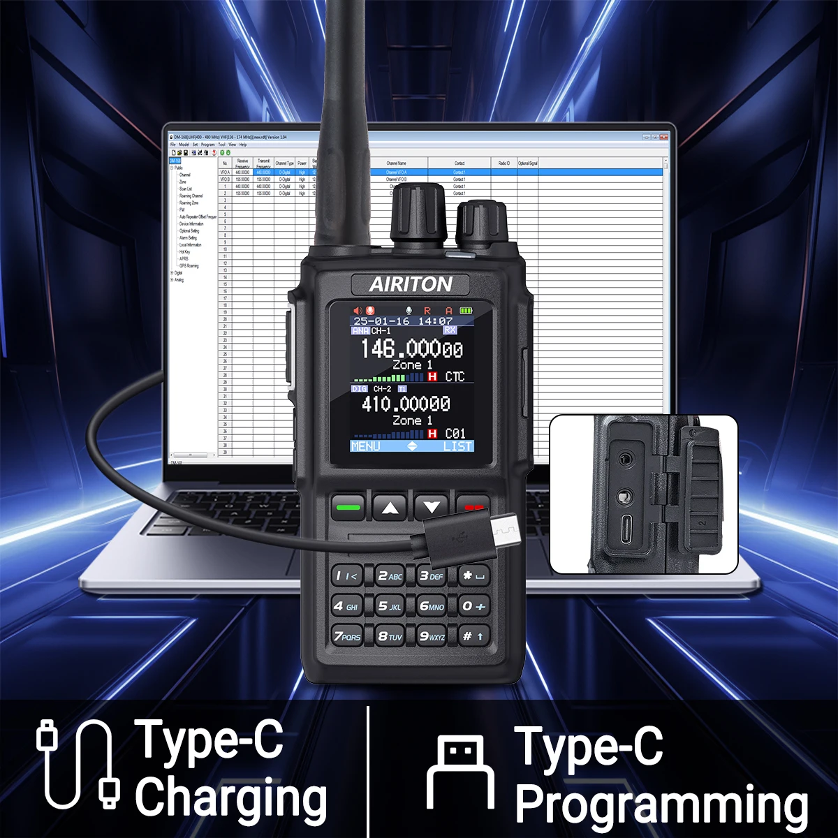 Airiton DM-168 DMR Digitales Walkie-Talkie, leistungsstarker SMS-Dual-Modus, analog, AES256, verschlüsselter Typ C für Anytone AT-D168UV Amateurfunk