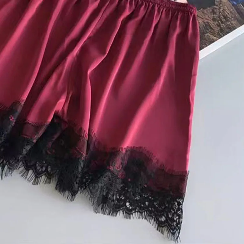 Pijama feminino halter 2 peças camisola e shorts roupa de casa vermelho preto sexy renda s m ventilar conforto