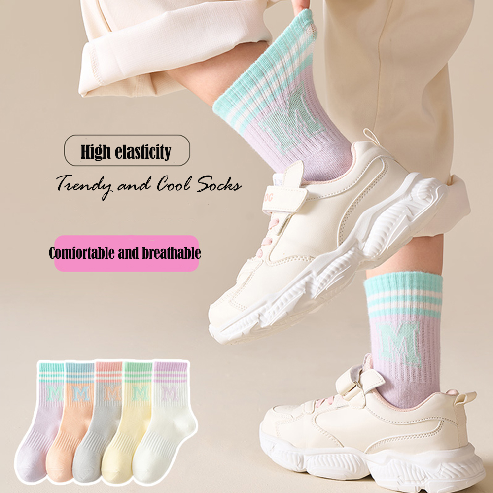 5 pairs 1-14Years Colorful Colors Mid-tube Socks Breathable Lightweight Cartoon Letters Outdoor Travel Sports Socks
