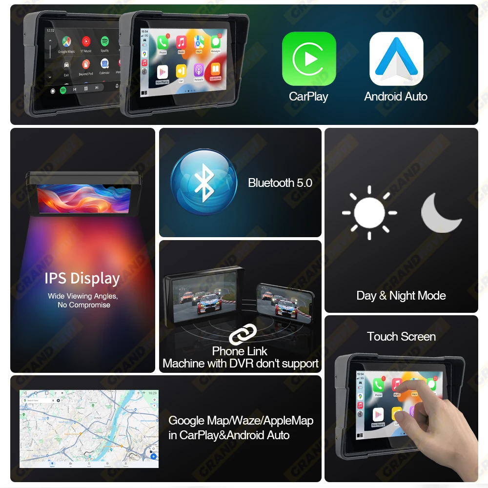 Universal 5 pulgadas motocicleta inalámbrico Apple Carplay Android Auto navegación portátil GPS IPX7 motocicleta pantalla impermeable