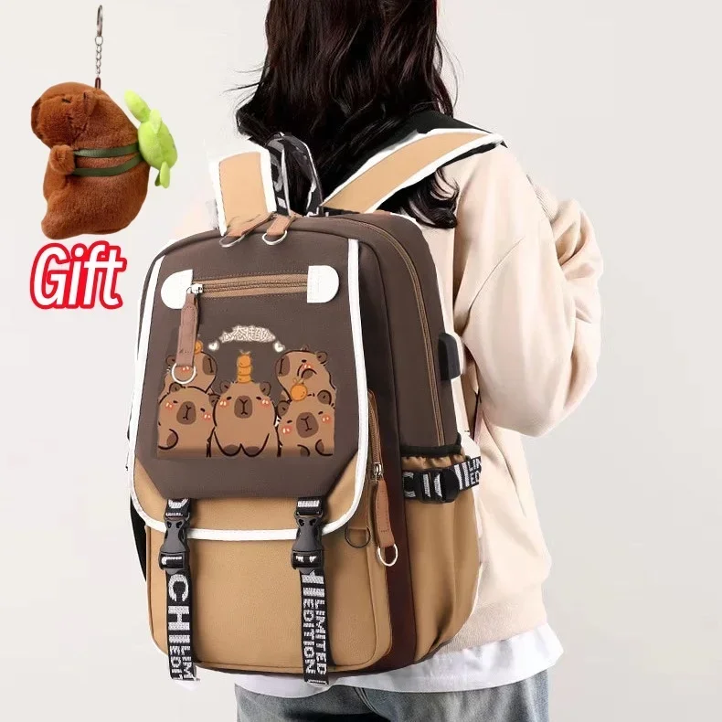 Kawaii Capybara 세련된 컴퓨터 배낭 대학 학교 캐주얼 데이 팟 십대 가방 대용량 조절 가능한 스트랩 Schoolbag